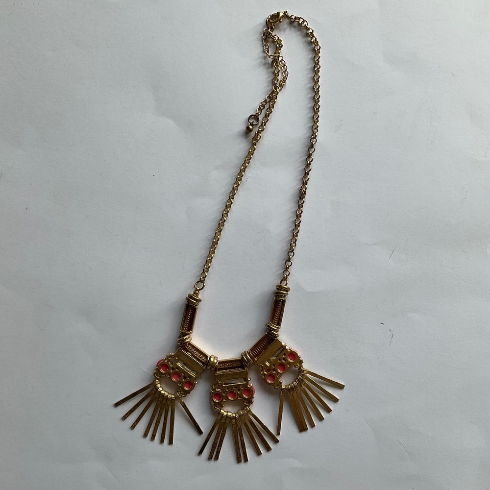VTGStyle Gold Tone Coral Bead Rhinestone Geometric Fringe Statement Bib Necklace - Picture 7 of 10
